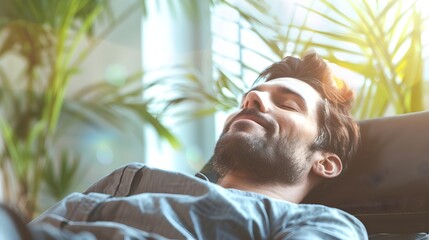happy young man practicing relaxation techniques at home. moment of leisure or a break from routine. Well-being and Stress Relief