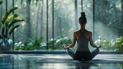 A Moment of Tranquility: A Woman Finds Peace in a Lush Green Setting During Her Morning Meditation Practice