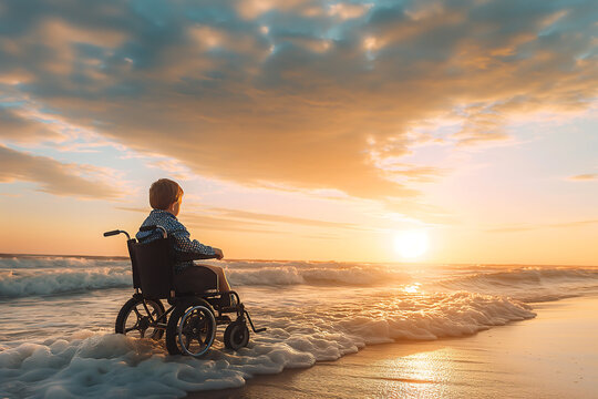 boy in wheelchair on beach at sunset facing ocean inspiring scene determination strength overcoming challenges tranquil moment beautiful coastal view hope and resilience story