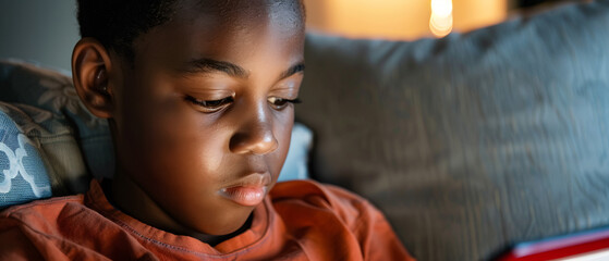 child using his smart tablet immersed in internet content - concept of the problem of new generations and technology