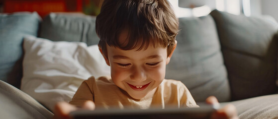 child using his smart tablet immersed in internet content - concept of the problem of new generations and technology