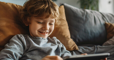 child using his smart tablet immersed in internet content - concept of the problem of new generations and technology