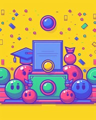 Obraz premium Vibrant Graduation Celebration Cartoon with Playful Characters, Diploma, Graduation Cap, and Confetti on Bright Yellow Background