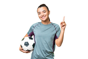 Young football player Woman over isolated chroma key background pointing up a great idea