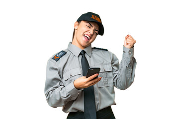 Young safeguard woman over isolated chroma key background with phone in victory position