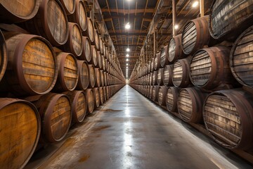Rows of wooden barrels in a wine aging facility