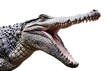 Fototapeta premium Close-up of a crocodile with its mouth open, isolated on a transparent, white background for png use