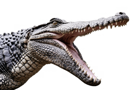 Close-up of a crocodile with its mouth open, isolated on a transparent, white background for png use
