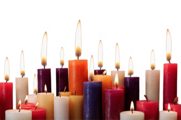 A collection of different colored lit candles lined up, isolated on a transparent white background, png suitable for design