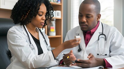 Two doctors, a Black woman and a Black man, collaborate on a patient's blood glucose level check in a medical office setting.
