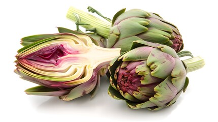 Fresh green artichokes with one cut in half on white background. Ideal for food blogs or cookbooks. Vibrant and detailed image. AI