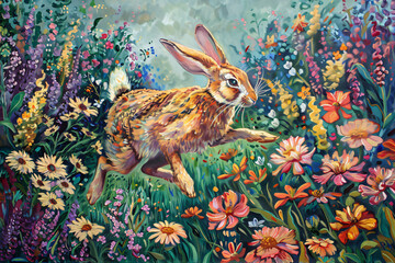 A painting of a rabbit jumping through a garden