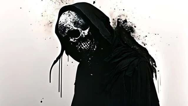 The image of death in black clothes, a black hood. Grim reaper in the fog. Depression, despondency, fear, fright, mysticism. 3D illustration, 3D rendering isolated on white background Halloween theme 
