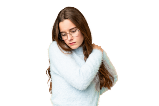 Teenager girl over isolated chroma key background suffering from pain in shoulder for having made an effort