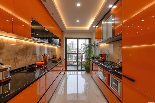 industrial artsy parallel kitchen with small breakfast counter, black granite countertop, galley kitchen, crema vitrified floor tiles.