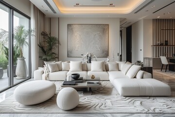 Highend modern chic style white living room with glamorous accents and luxe fabrics.