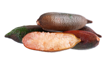 Fresh finger limes isolated on white background. Caviar lime. Fruits pods. Clipping path.