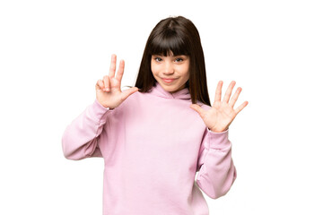 Little girl over isolated green chroma key background counting eight with fingers