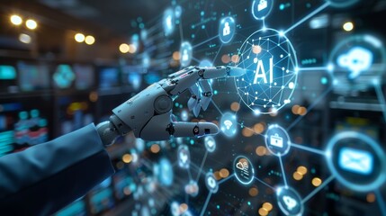 Fototapeta premium A futuristic scene of an AI robot surrounded by holographic icons representing various social media platforms, with human hands interacting and pointing towards