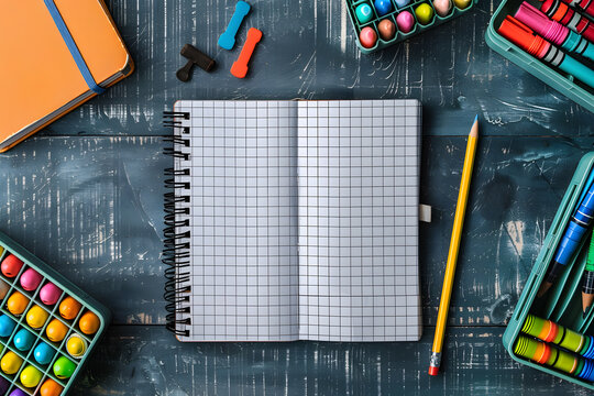 Top view of student desk in classroom. Blank notebook, a pencil, an eraser, and some colorful markers. Mockup free copy space on the notebook pages for adding custom designs or text.