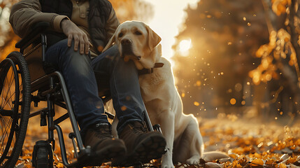 White Labrador lays his head on the lap of a disabled man in a wheelchair in an autumn park. Friendship and love between a person and a pet 