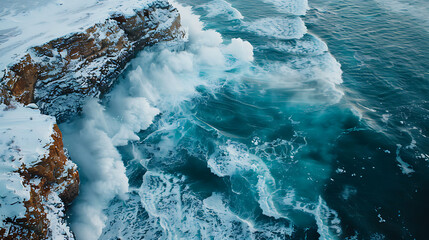 Arctic coast, Arctic Ocean, snow, ice, waves, aerial view, beautiful northern landscape