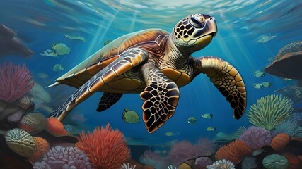A detailed oil painting of a majestic sea turtle swimming through a coral reef, with a handheld game console tucked under its arm in a surreal style