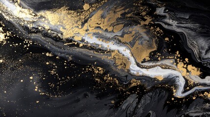 Fototapeta premium Black and gold paint merging, Ink Genesis, gentle brilliance pulses from liquid motion, large format prints