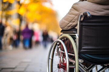 Obraz premium Disabled person in wheelchair care accessibility disability medical treatment health support confidence rehabilitation communication diversity inclusion togetherness humans help assistance