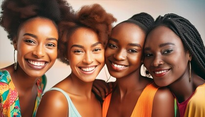 Fototapeta premium Portrait of group of four black women smiling together cheek to cheek; close up