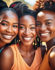 Fototapeta premium Portrait of three middle aged black women smiling together cheek to cheek; close up