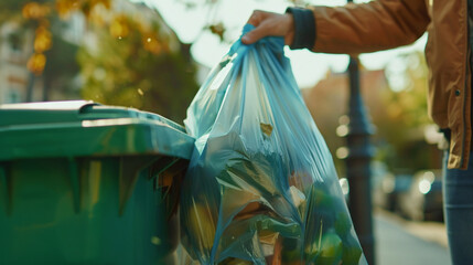 A man works throwing out garbage, rear view, close-up, clean city