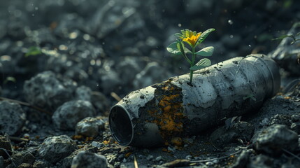 Obraz premium The concept of the origin of life. Sprout growing out of an live ammunition. The concept of defeating the force of nature.