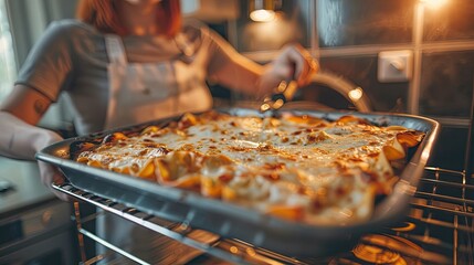 a woman takes lasagna out of the oven. selective focus