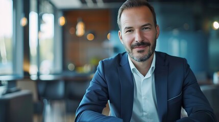 Fototapeta premium Confident businessman in modern office setting. Professional portrait. Business attire highlighted. Ideal for corporate materials and presentations. AI.