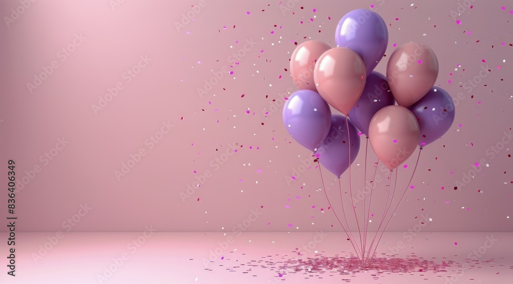 Wall mural Pink and Purple Balloons With Confetti on a Pink Background