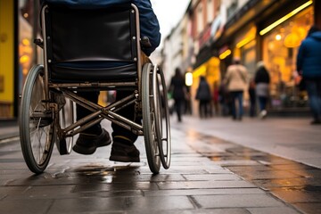 Obraz premium Disabled person in wheelchair care accessibility disability medical treatment health support confidence rehabilitation communication diversity inclusion togetherness humans help assistance