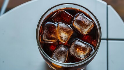 Close up glass of refreshing cola with ice on table