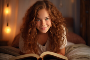 Young pretty brunette girl at indoors holding a book