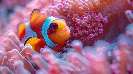 A close-up of a nature coral reef anemone with clownfish nestled inside