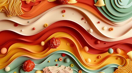 Abstract paper art background of waves and wavy patterns with various elements such as pasta, tomato sauce, cheese and meatballs. A colorful abstract design in the style of an intricate origami