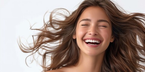 Fototapeta premium woman with long brown hair laughing, vibrant and happy woman with natural makeup and wavy hair, people photography