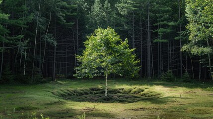 A solitary birch tree encircled by pine trees in the woods