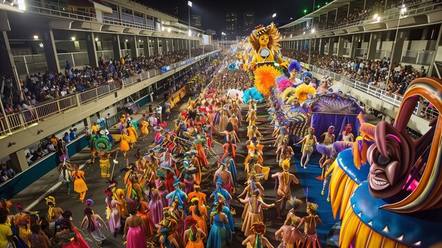 The Sambadrome in Rio de Janeiro buzzes with samba dancers, vibrant costumes, huge floats, and drum rhythms.