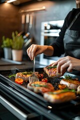 Naklejka premium a woman bakes pork steaks in the oven. selective focus
