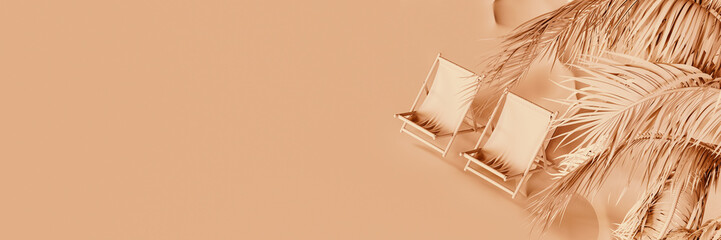 Monochromatic pale orange summer background. Two beach chairs with palm trees and copy space. 3D...