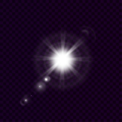Light effect of white glowing light. Solar flare. Glow effect. Starbursts with twinkling highlights. Beautiful light effect of flickering highlights. Vector 10 EPS