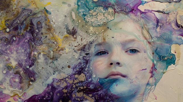 Honey and lavender paint cascading, Ink Whispers, soft gleam arises from fluid tides, children's portrait