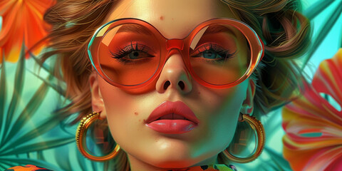 Obraz premium Retro style pastel colors summer background. Fashion woman wearing big sunglasses.
