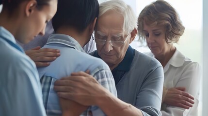 Obraz premium A group of diverse individuals embracing each other, sharing a moment of support and empathy in a bright indoor setting.